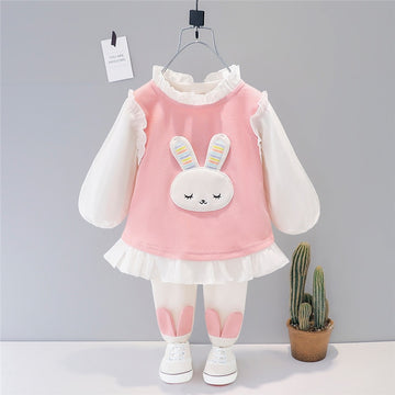 Baby Girls Playful 2Pc "Sleepy Bunny", Ruffle Trim Tunic Dress and Tights Combo.